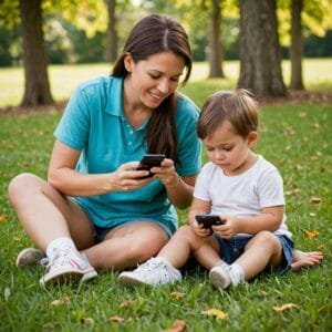 a woman and child sitting on grass looking at phones