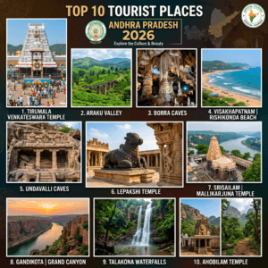 Collage of ten tourist destinations in Andhra Pradesh including temples, valleys, caves, beaches, and waterfalls.