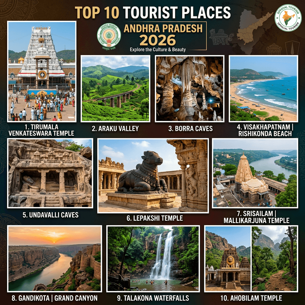 Collage of ten tourist destinations in Andhra Pradesh including temples, valleys, caves, beaches, and waterfalls.