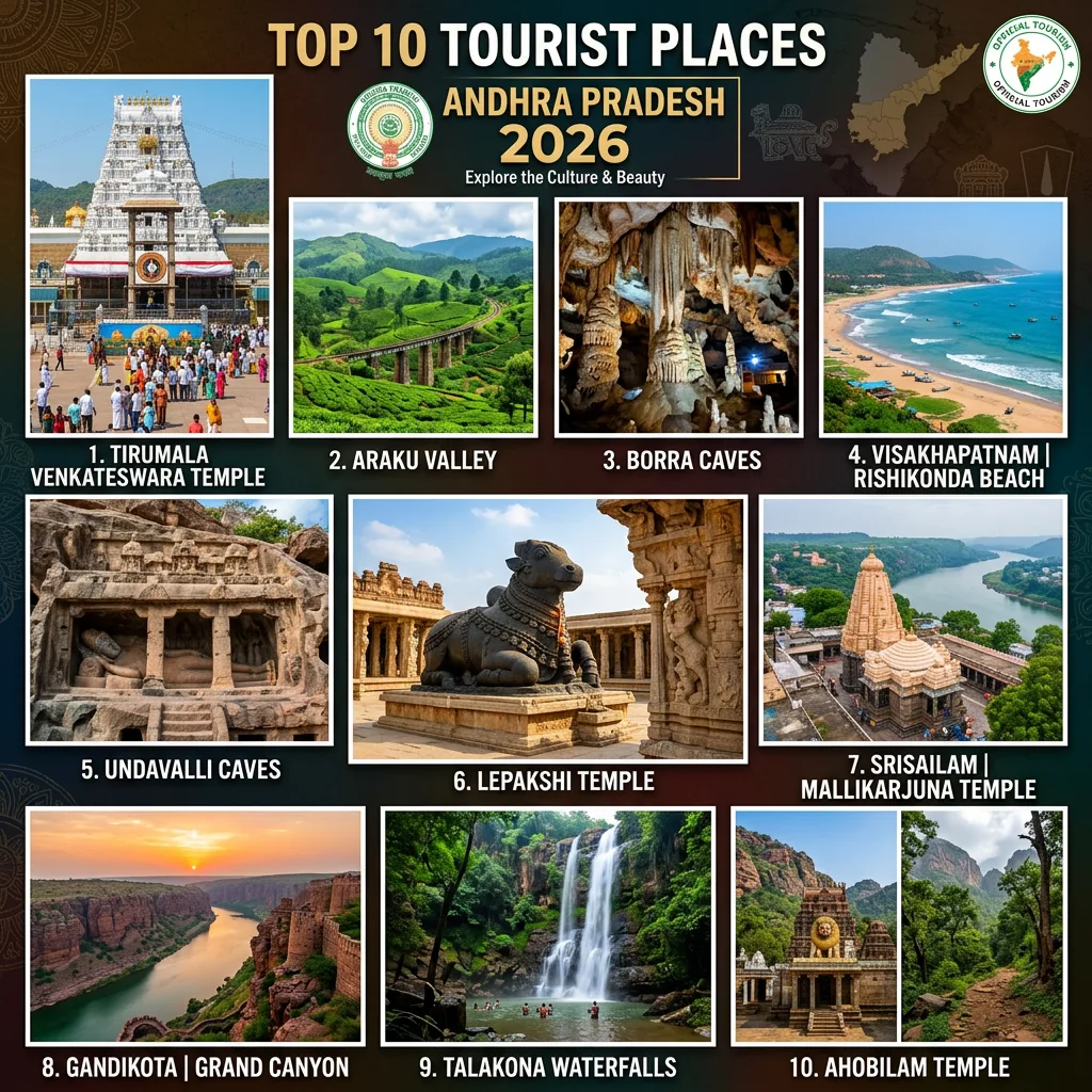 Collage of ten tourist destinations in Andhra Pradesh including temples, valleys, caves, beaches, and waterfalls.